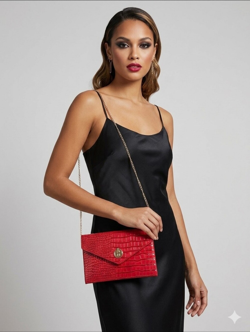Jessica Red Patent Leather Croc Embossed Clutch With Chain Strap